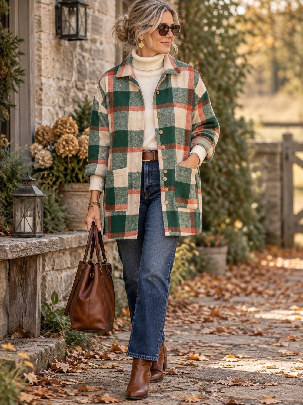 Plaid Utility Shacket Jacket in Green, Cream & Rust
